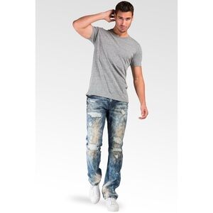 Slim Straight Destroyed & Mended Premium Denim 5 Pocket Jeans Bleach Tinted Wash